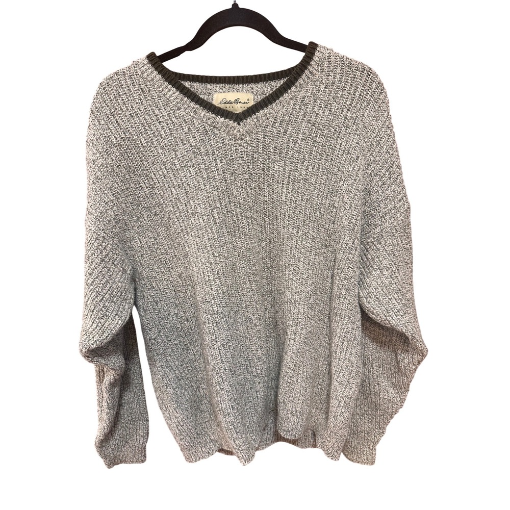 Eddie Bauer Mens Vintage Marled Shaker Knit V-Neck Sweater tan green  USA Medium